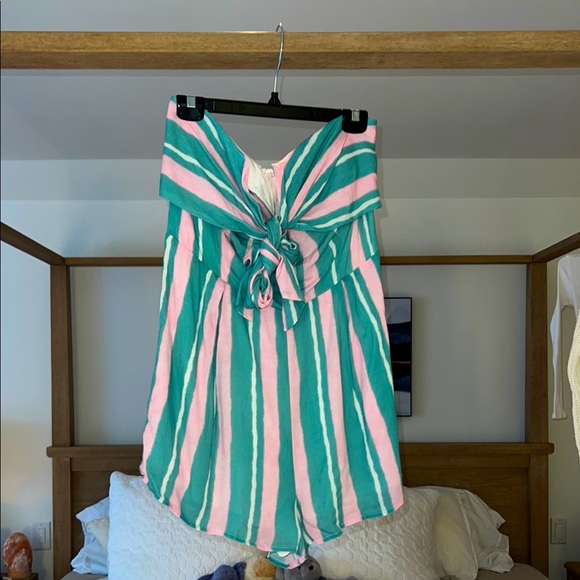 NWT - Lulus Inez Green Striped Strapless Tie-Front Romper - Picture 2 of 8